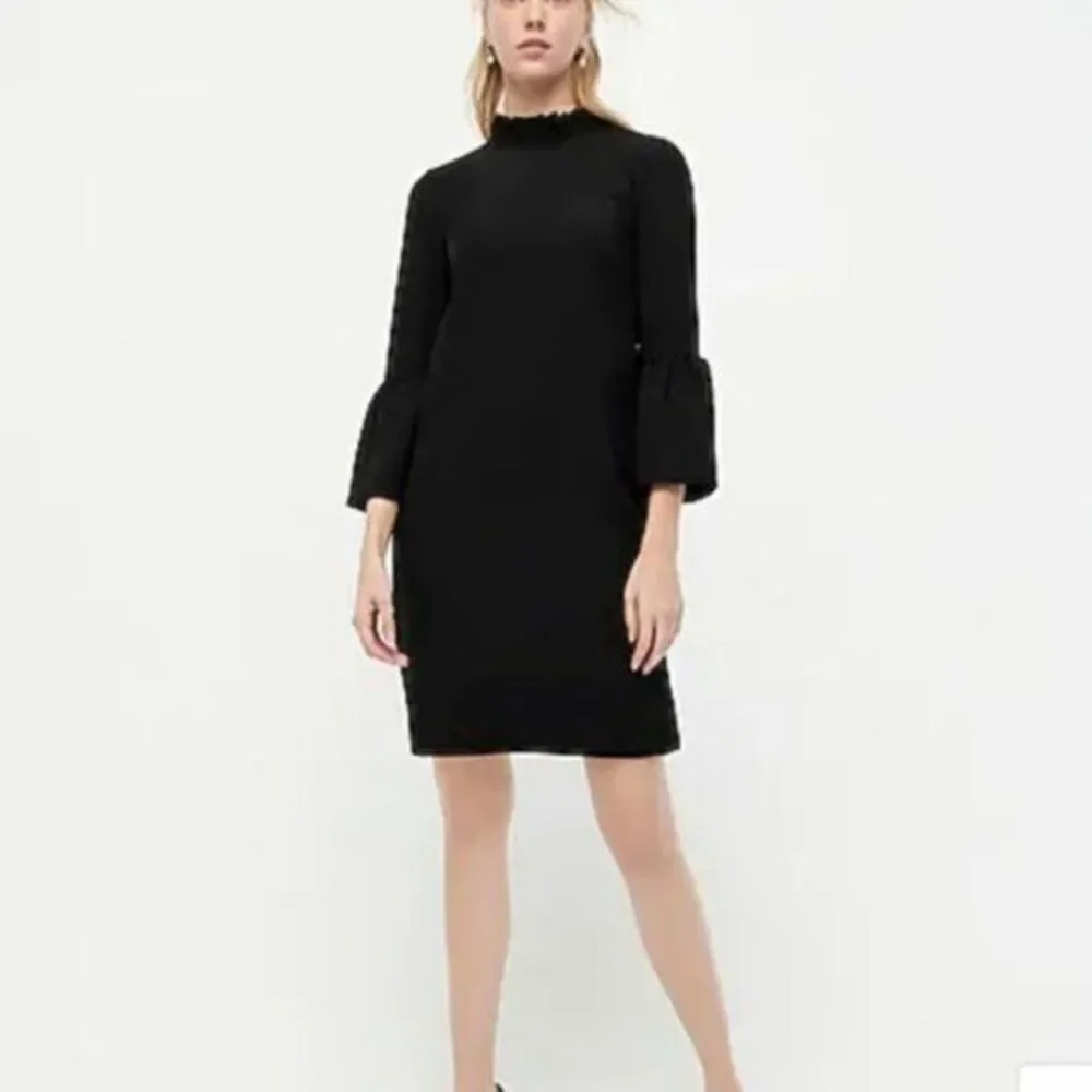 J. Crew Black Ruffle Neck 3/4 Sleeve Shift Dress in 365 Crepe Size 2
